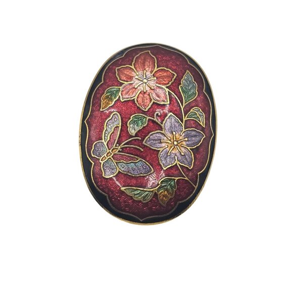 Unbranded Accessories - Cloisonné Red/Purple Floral Enamel Gold-Tone Oval Tie-Belt Clip Accessory